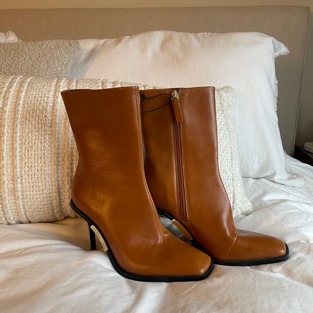 Square Toe High Heel Leather Ankle Boots - Picture 2 of 7